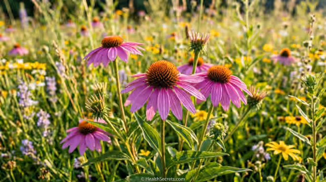 Purple echinacea purpurea coneflowers blooming in a natural meadow used for immune support supplements