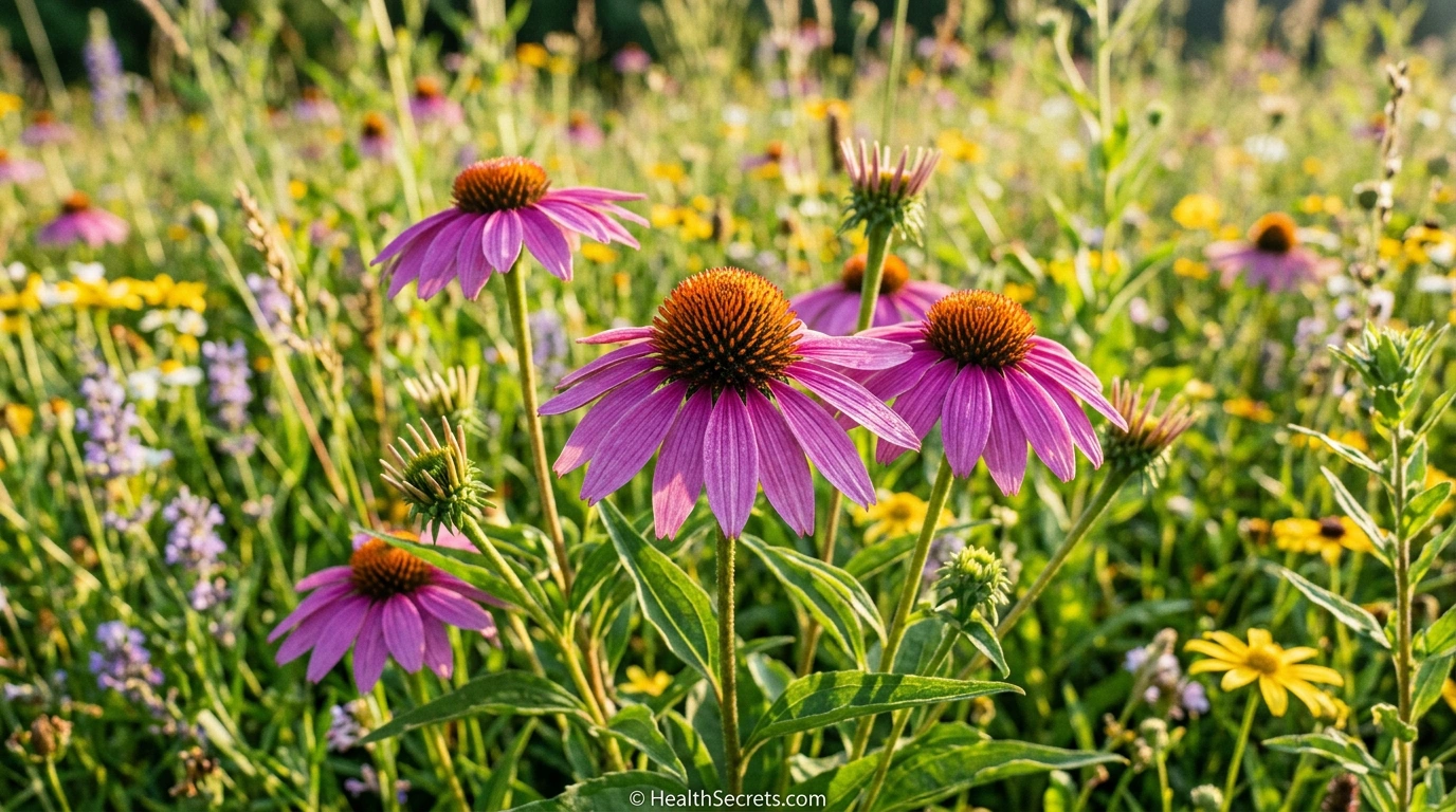 Purple echinacea purpurea coneflowers blooming in a natural meadow used for immune support supplements