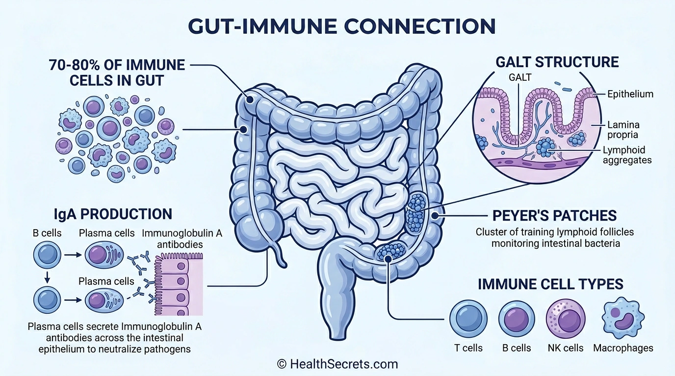 Infographic showing the gut-immune connection with GALT Peyer patches and immune cell types