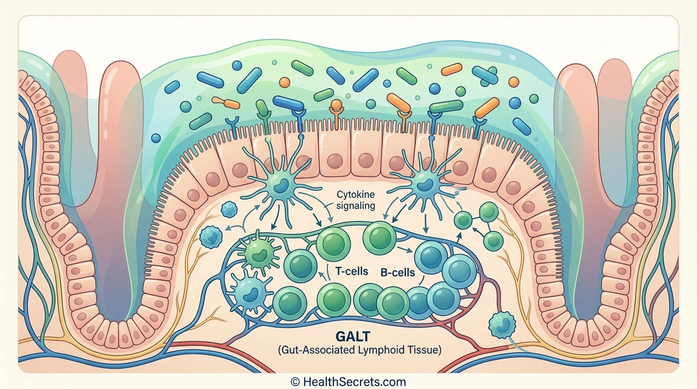 Probiotic bacteria interacting with immune cells in gut-associated lymphoid tissue for immune support