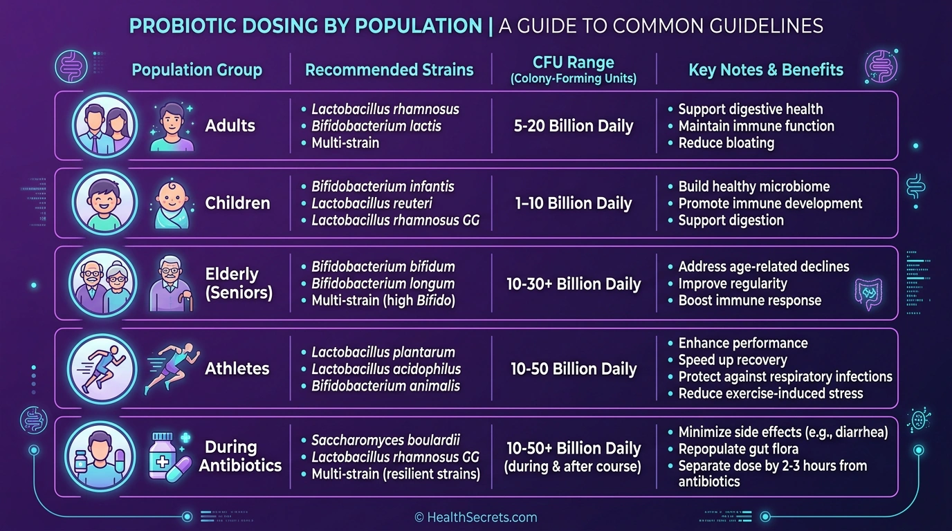 Probiotic dosing guide infographic showing recommended CFU and strains for adults children elderly and athletes