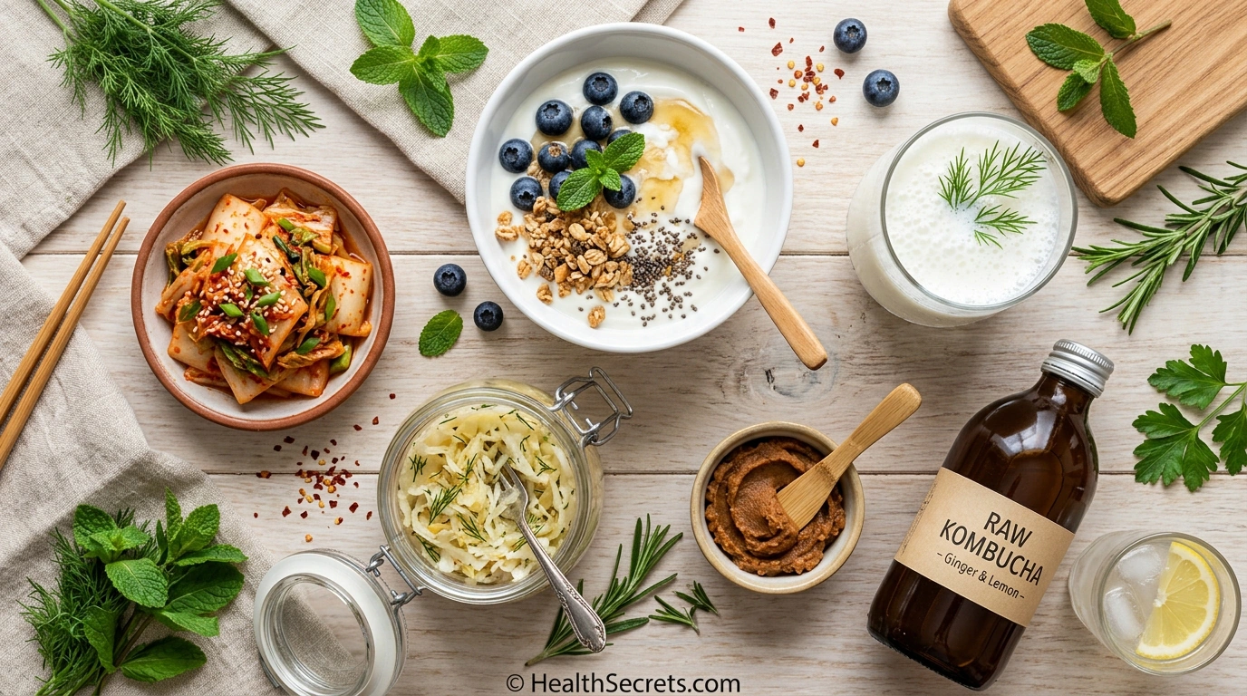 Probiotic-rich fermented foods including yogurt kefir sauerkraut kimchi and kombucha for gut immune health