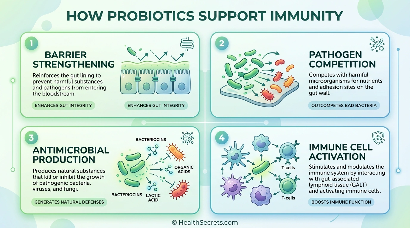 Diagram showing four mechanisms by which probiotics support immune function including barrier strengthening and immune cell activation