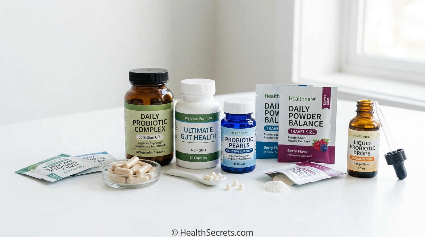 Collection of top-rated probiotic supplements for immune health including capsules pearls and powder packets