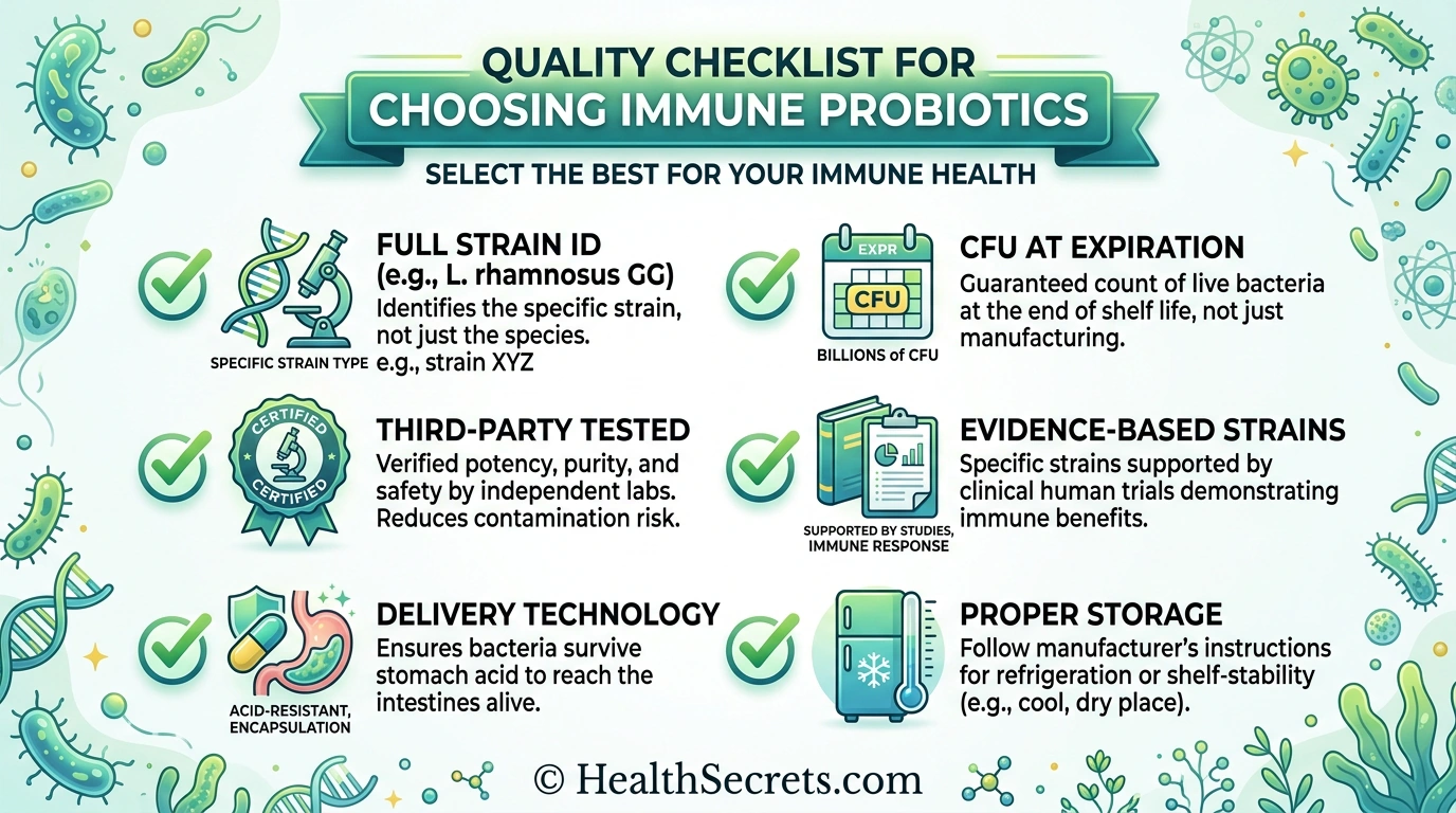 Quality checklist for choosing the best immune probiotic supplement including strain identification and CFU guarantee