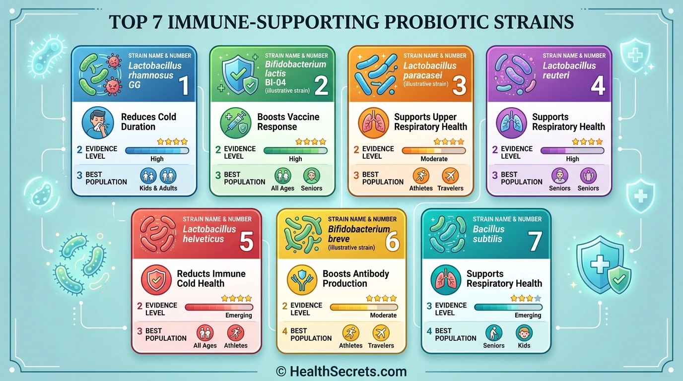 Comparison chart of top immune-supporting probiotic strains including LGG L casei Shirota and B lactis
