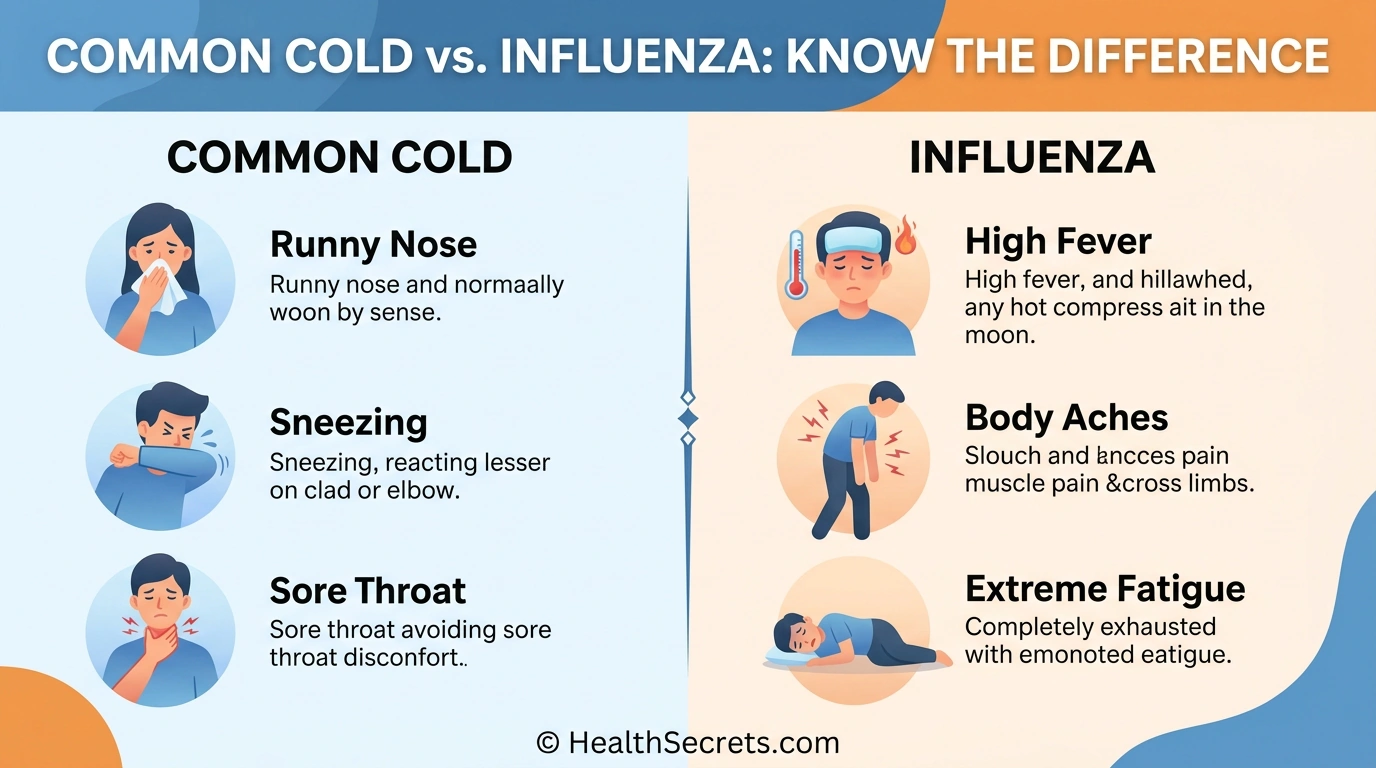Common cold versus influenza comparison chart showing key symptom differences