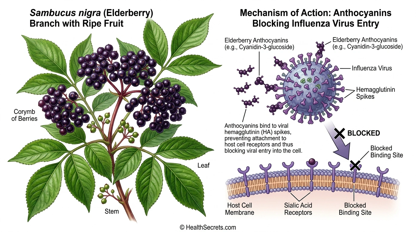 Elderberry extract with antiviral compounds that reduce flu duration and severity