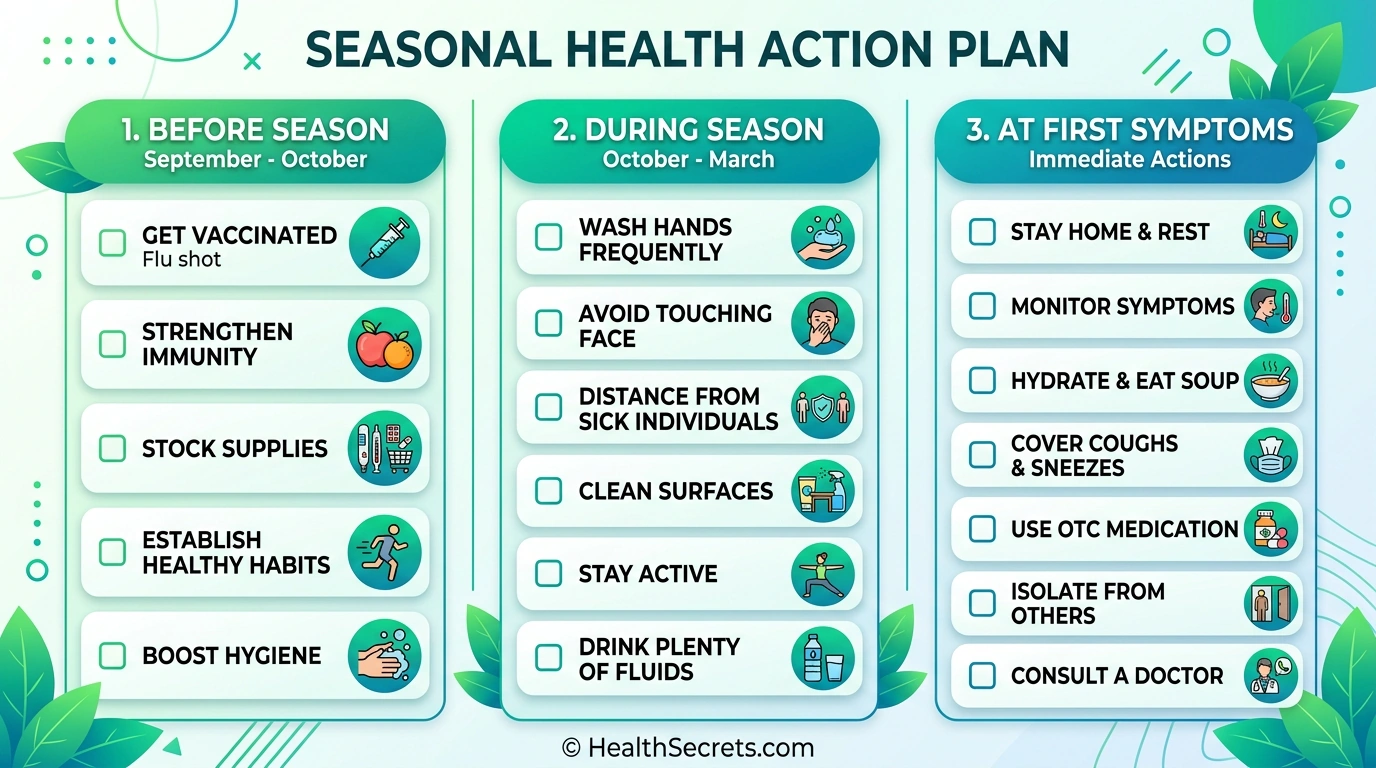 Cold and flu prevention action plan with phased approach for before season during season and at first symptoms