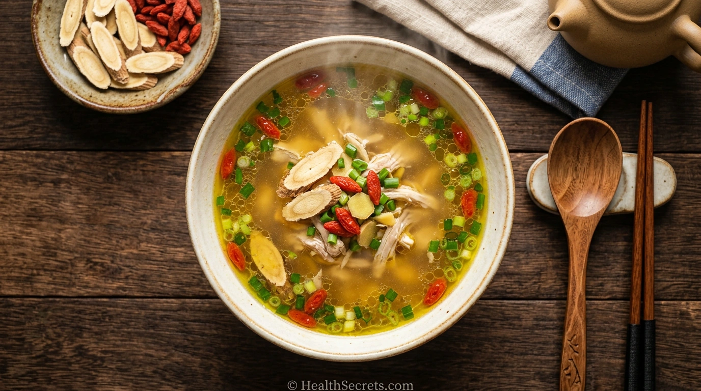 Traditional Chinese astragalus chicken broth with root slices and goji berries for immune support