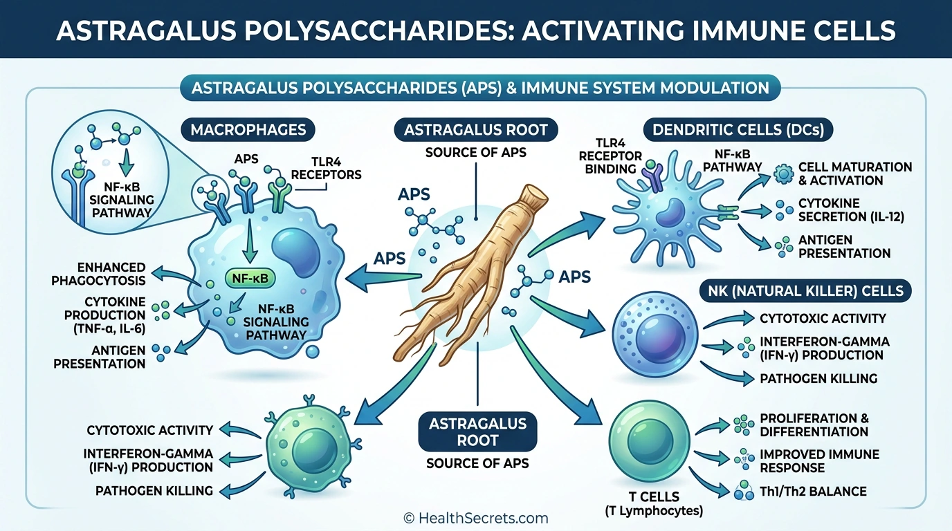Infographic showing how astragalus polysaccharides activate macrophages T cells and NK cells through TLR4 signaling