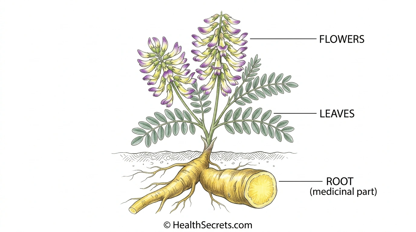 Botanical illustration of Astragalus membranaceus plant showing flowers leaves and medicinal root