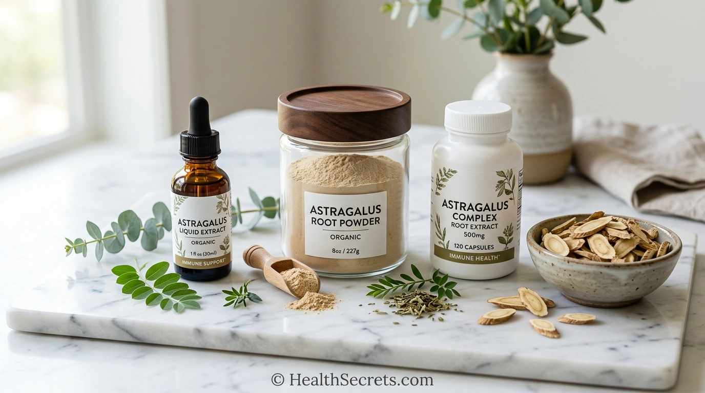 Various astragalus supplement forms including capsules powder tincture and dried root slices