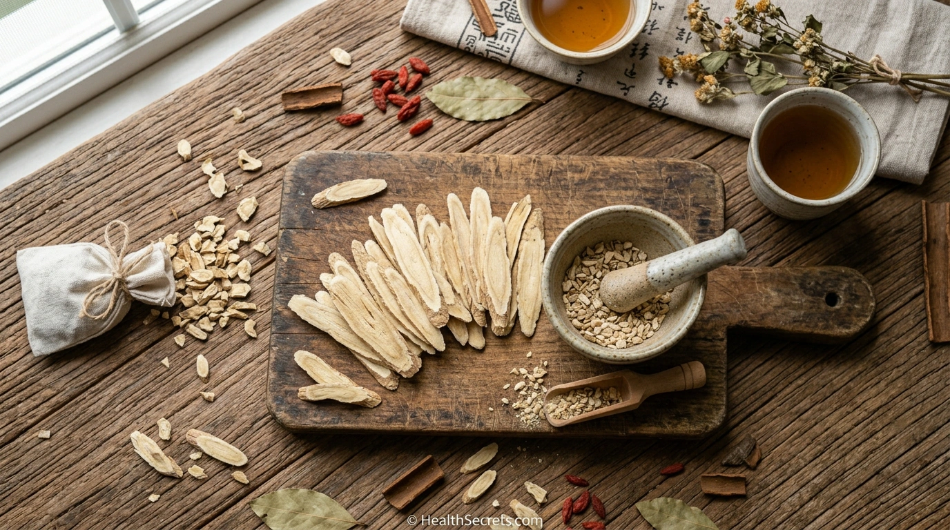 Dried astragalus root slices used in Traditional Chinese Medicine for immune support