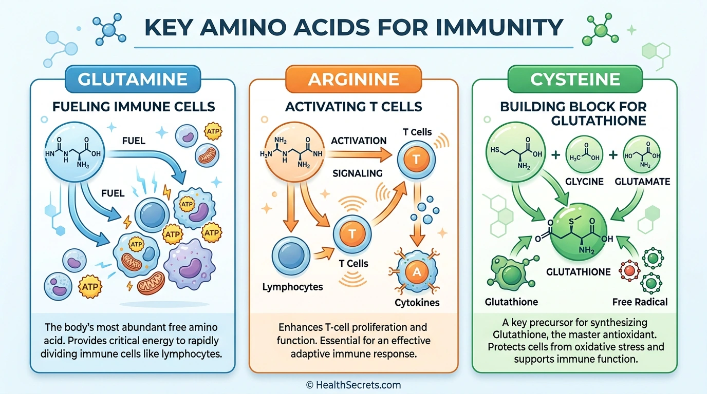 Infographic showing glutamine arginine and cysteine amino acids and their roles in immune function