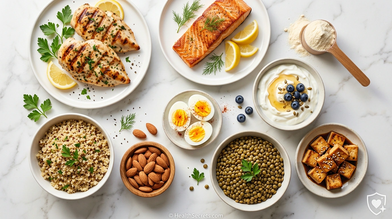 Protein-rich foods that support immune system function including chicken, salmon, eggs, yogurt, lentils, and protein powder