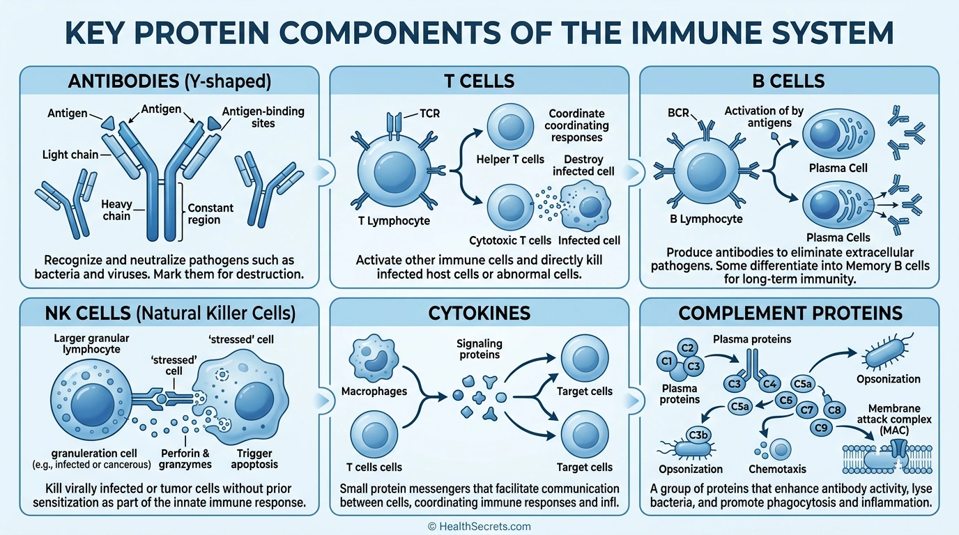 Infographic showing immune system components made of protein including antibodies T cells B cells and cytokines