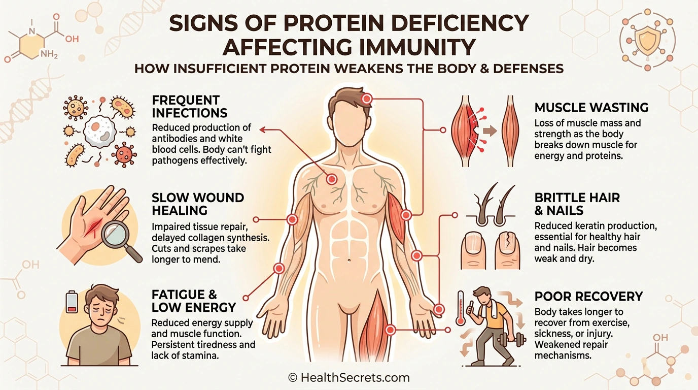 Signs and symptoms of protein deficiency affecting immune system function