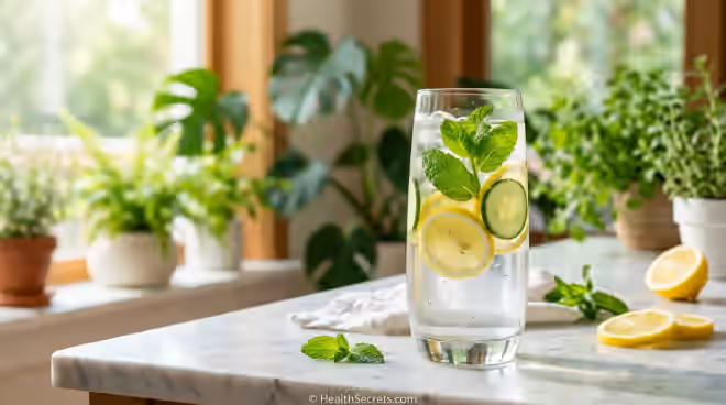 Glass of fresh water with lemon cucumber and mint for hydration and immune health