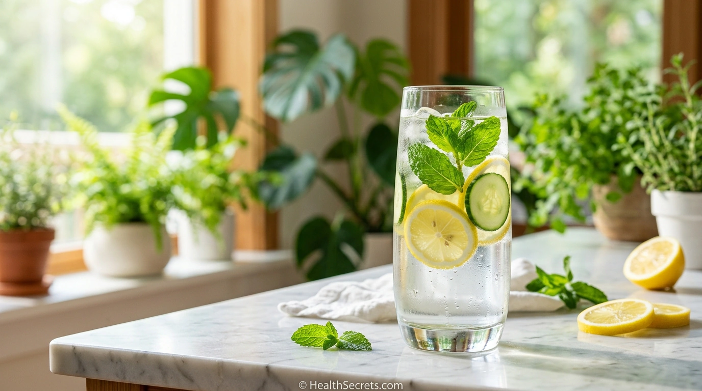 Glass of fresh water with lemon cucumber and mint for hydration and immune health