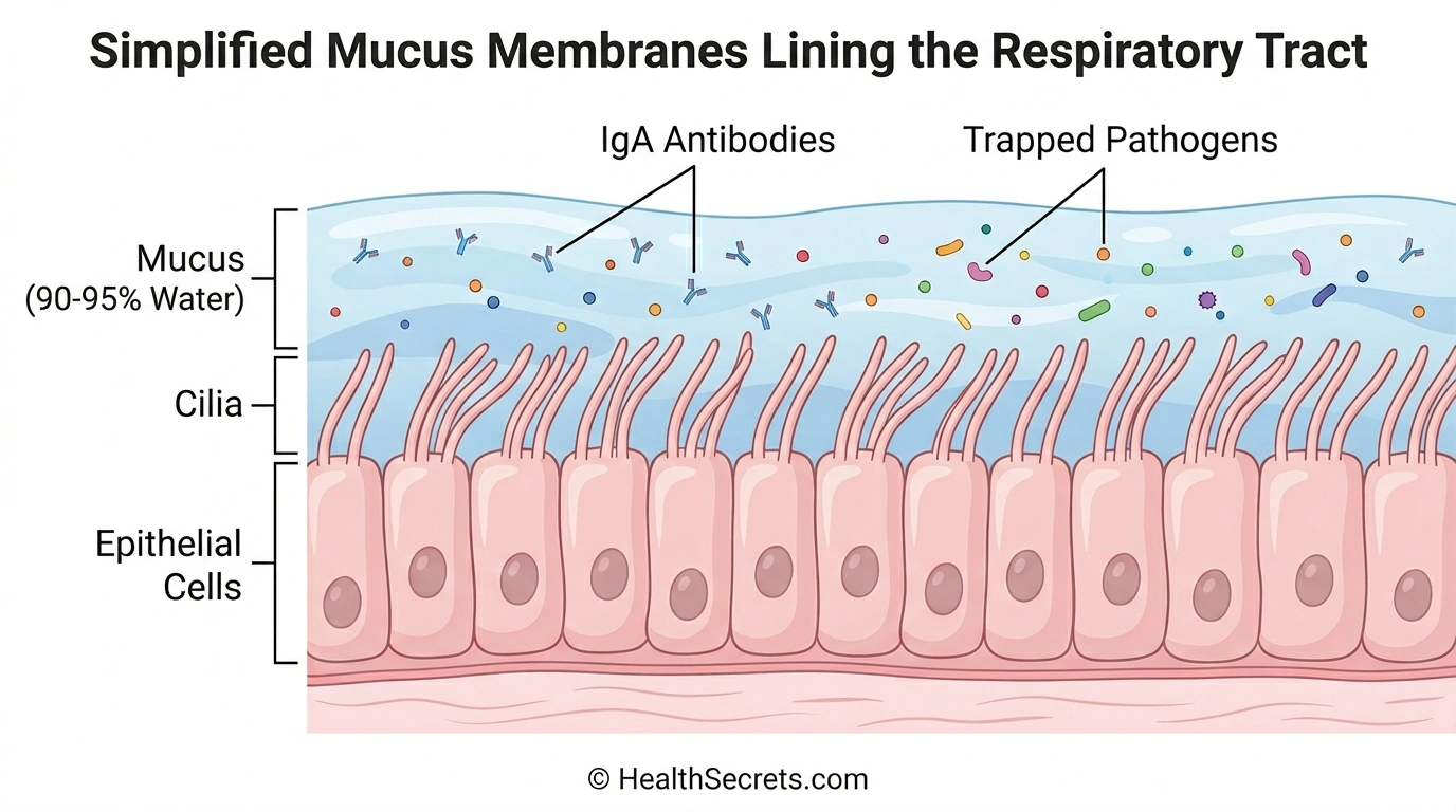 Diagram of mucous membrane defense showing how hydration maintains mucus barrier against pathogens