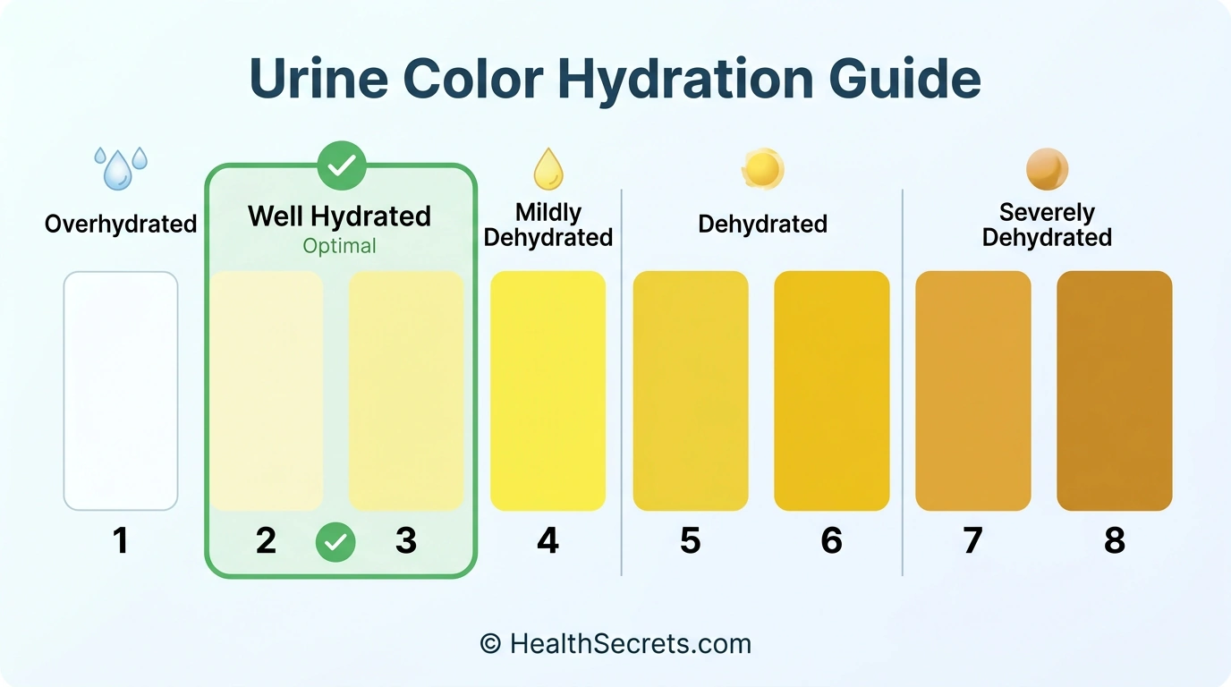 Urine color hydration chart showing optimal pale yellow and dehydration indicators