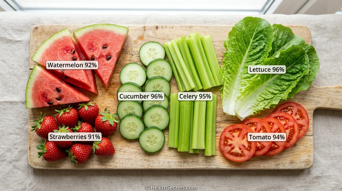 Water-rich fruits and vegetables including watermelon cucumber and strawberries for hydration and immune support