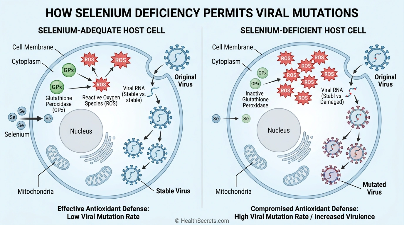 How selenium prevents dangerous viral mutations through antioxidant protection