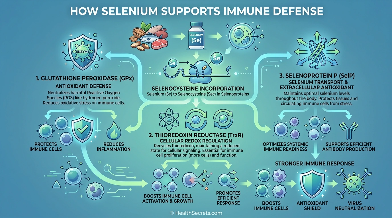 Infographic showing selenium selenoprotein immune function mechanism