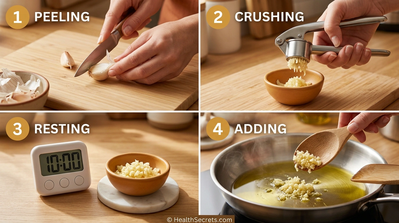 Four-step garlic preparation process for maximum allicin: peel, crush, wait 10 minutes, then cook or eat