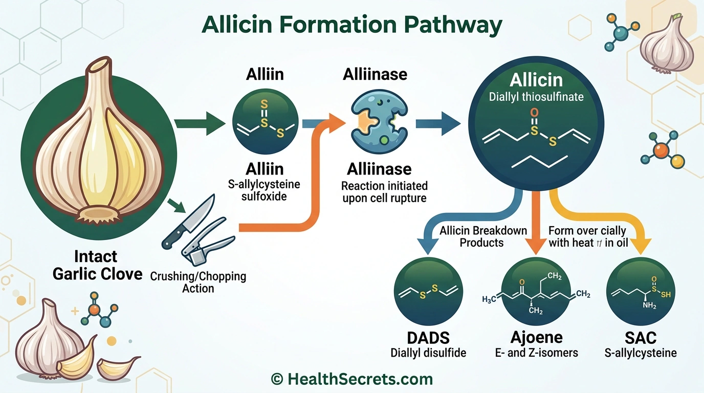Allicin formation diagram showing how crushing garlic releases the enzyme alliinase which converts alliin to allicin