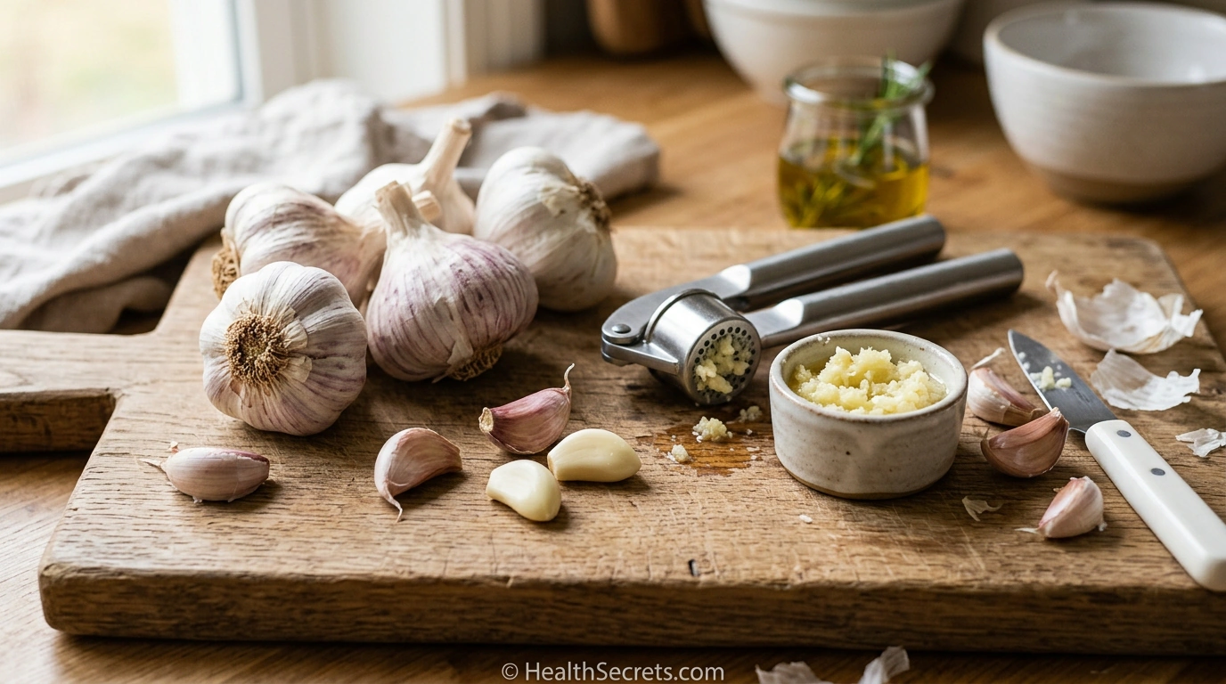 Fresh garlic cloves whole and crushed on a wooden cutting board with a garlic press, illustrating allicin formation