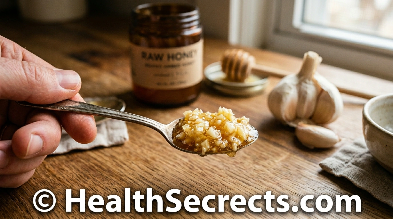 Crushed garlic mixed with raw honey on a spoon as a natural immune remedy