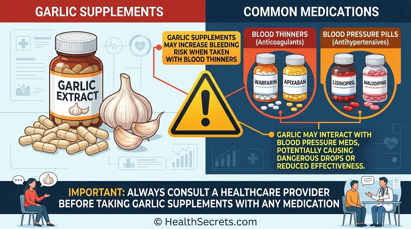 Safety visual showing garlic supplements alongside medications with a caution symbol for drug interactions