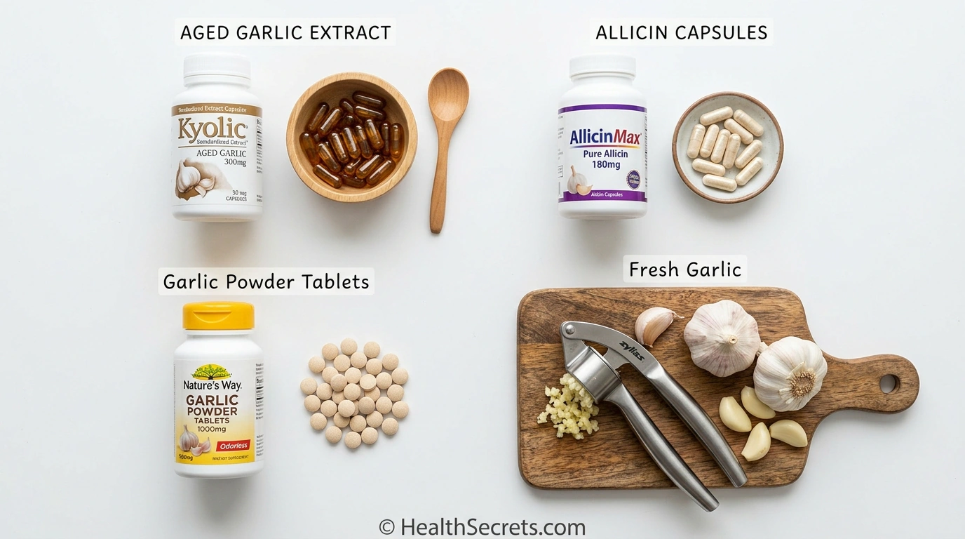 Different garlic supplement forms including aged garlic extract capsules, allicin supplements, and garlic powder tablets