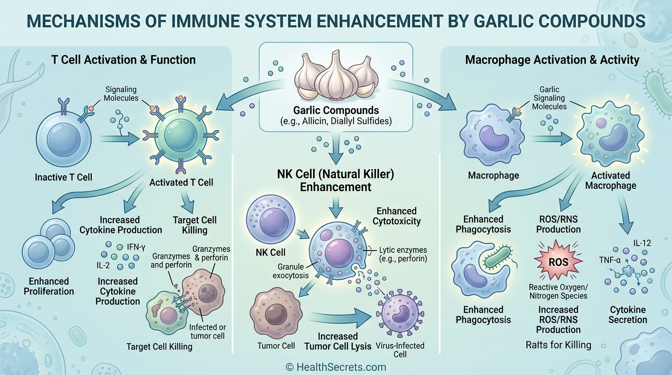 Illustration of garlic compounds enhancing immune cell function including T cells, NK cells, and macrophages