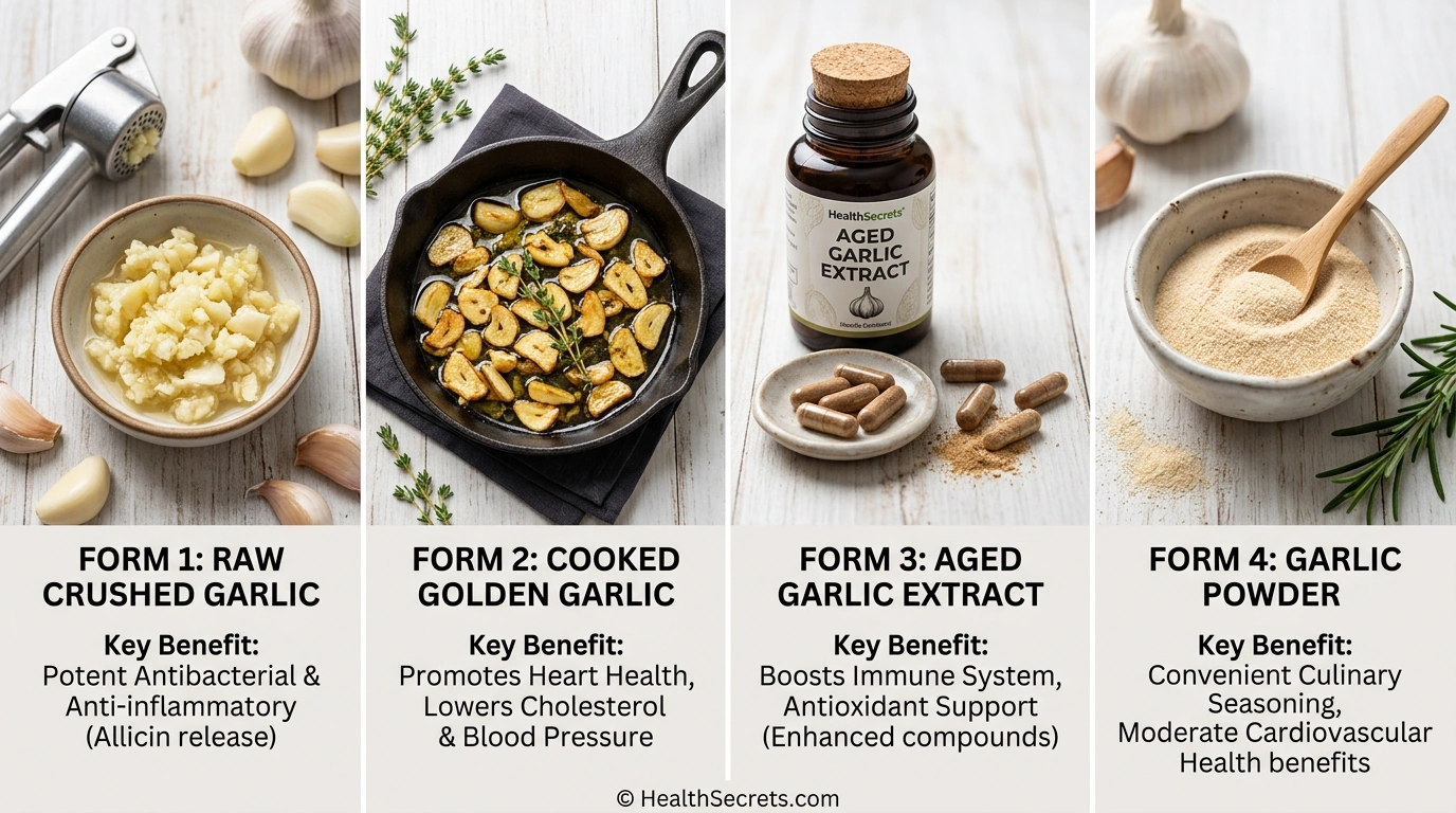 Comparison of four garlic forms: raw crushed, cooked, aged garlic extract capsules, and garlic powder