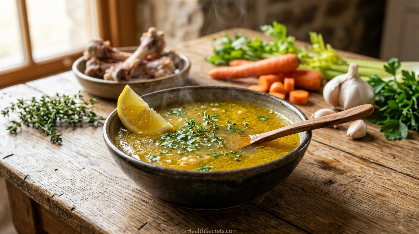 Steaming golden bone broth in a bowl garnished with fresh herbs for immune support