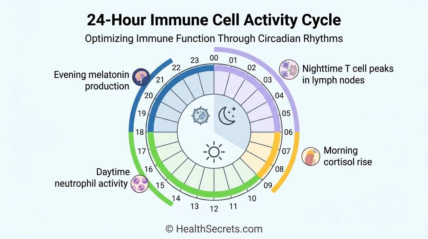 Circadian rhythm clock showing how immune cell activity varies throughout the 24-hour day-night cycle