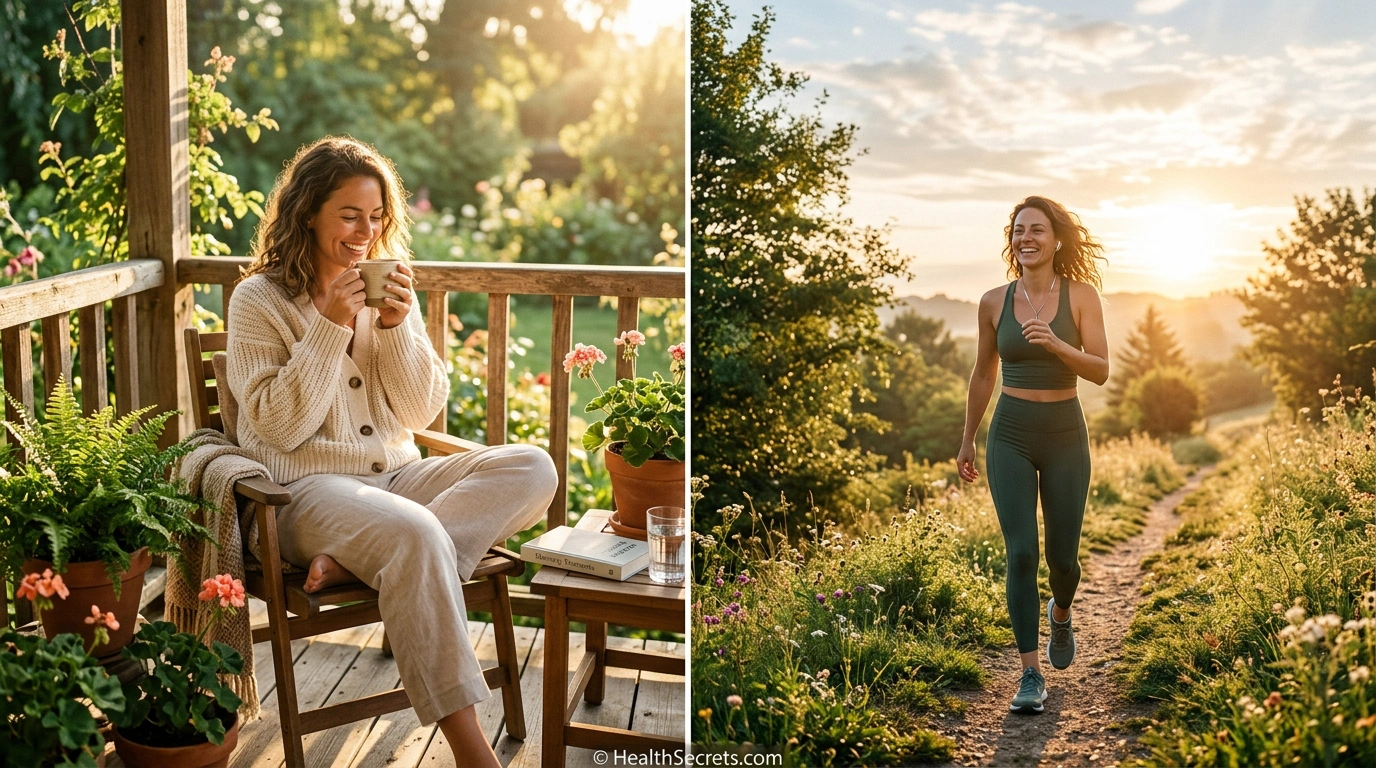 Morning sunlight routine examples including outdoor coffee and morning walks for circadian rhythm optimization