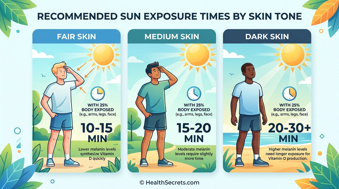 Visual guide to optimal sun exposure duration by skin tone for vitamin D production and immune health