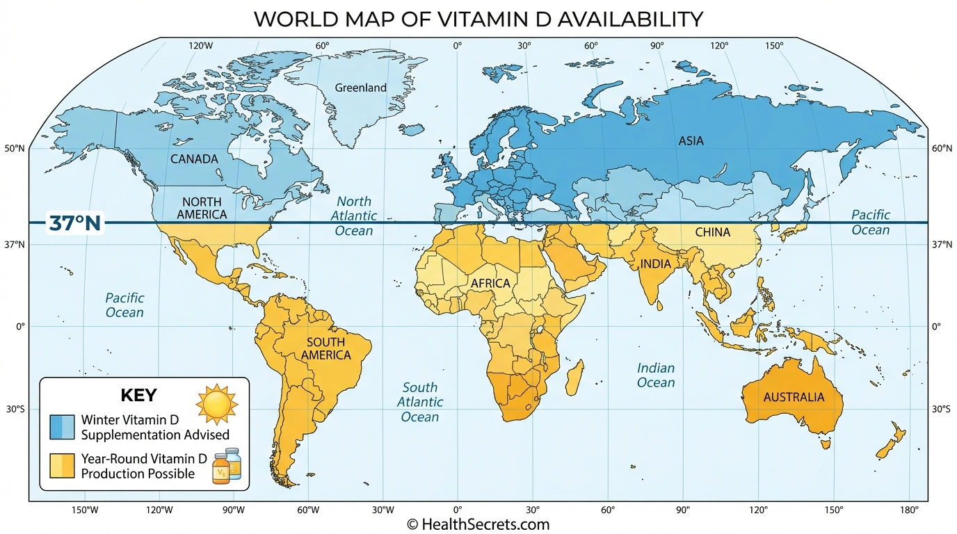 World map showing latitude zones for year-round vitamin D production versus winter supplementation needs based on UVB availability