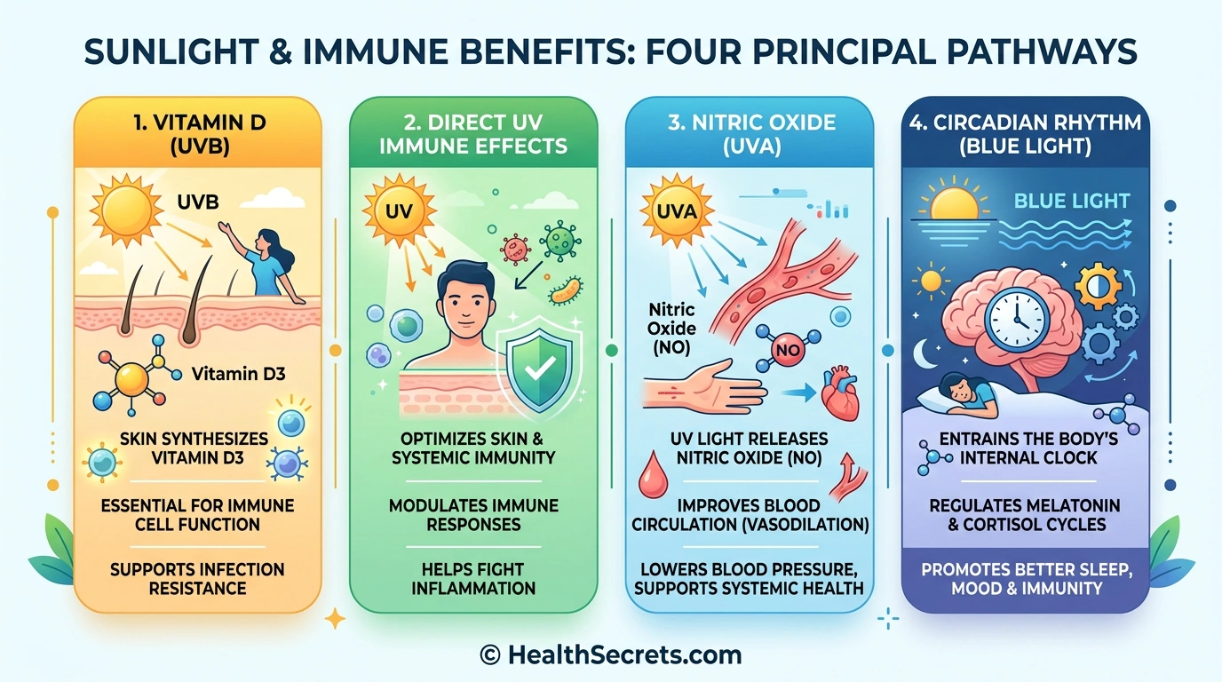 Infographic showing four immune-supporting mechanisms of sunlight beyond vitamin D including UV effects nitric oxide and circadian rhythm