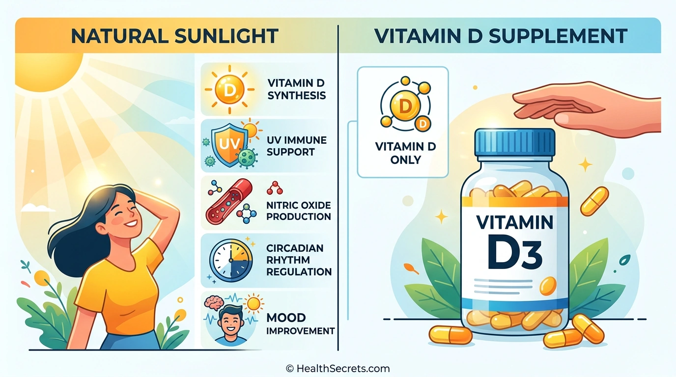 Comparison of sunlight benefits versus vitamin D supplementation showing sunlight provides multiple immune pathways while supplements provide only vitamin D
