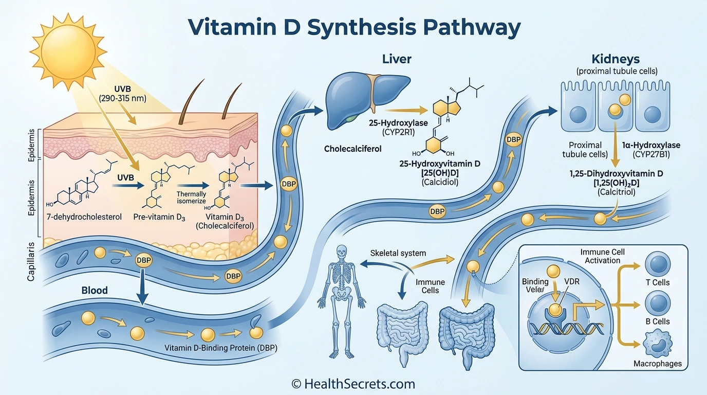 Diagram of vitamin D synthesis pathway from UVB sunlight exposure through skin conversion to active immune-modulating calcitriol