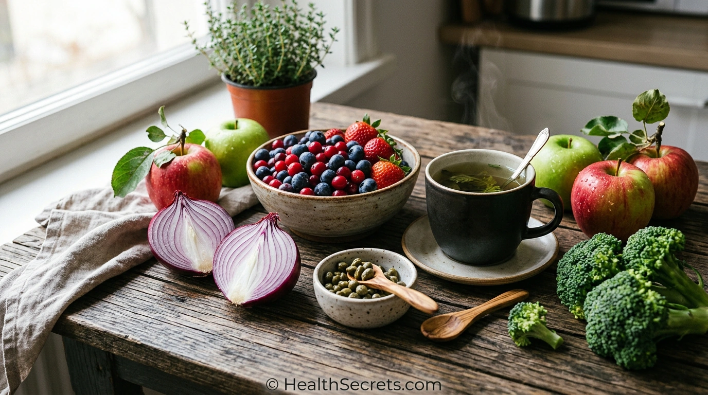 Quercetin-rich foods including red onions apples berries and green tea for immune health support