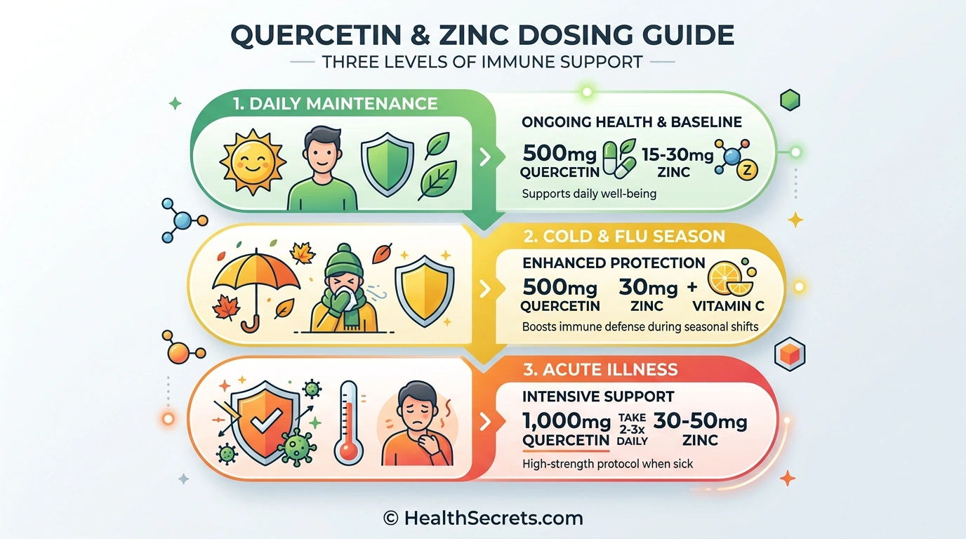 Quercetin dosing guide showing maintenance prophylactic and acute illness protocols with zinc pairing