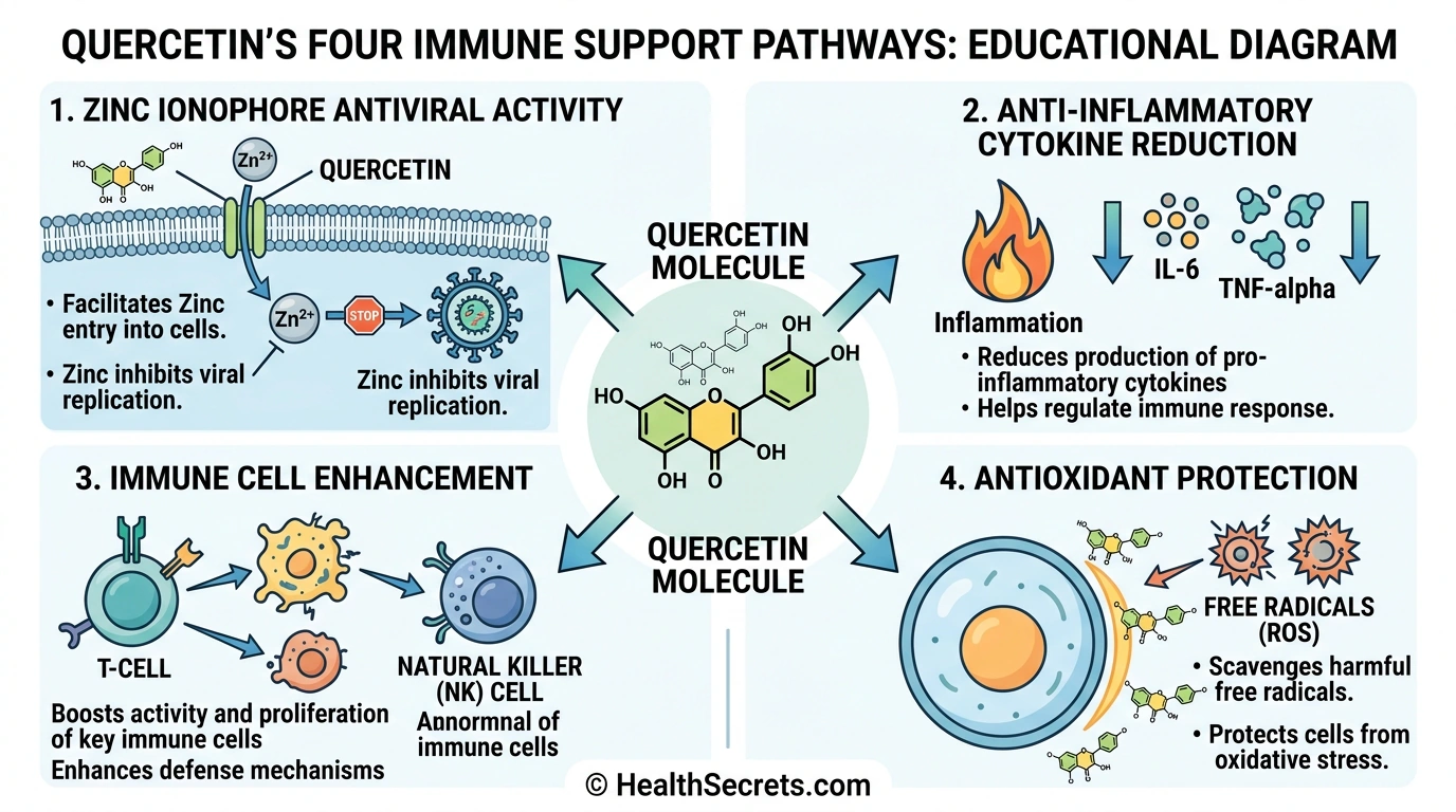 Diagram of quercetin four immune support pathways including zinc ionophore antiviral and anti-inflammatory effects