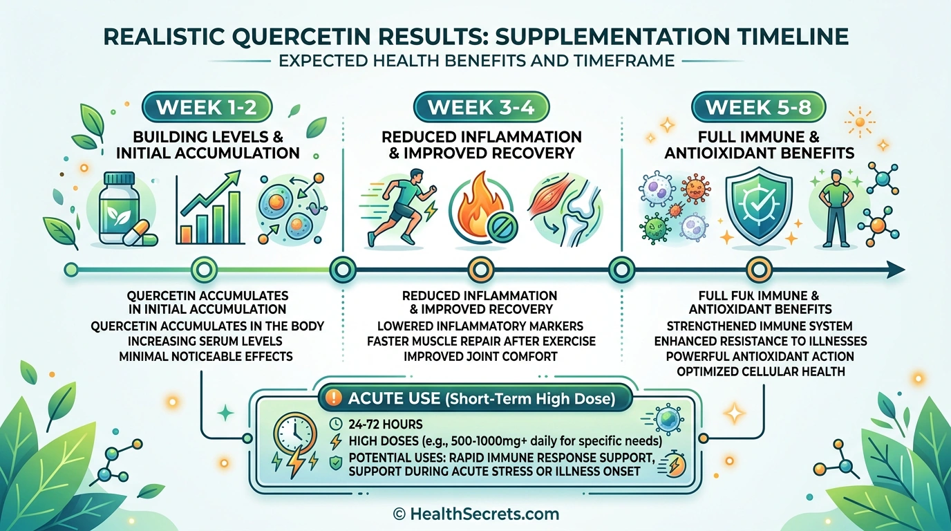 Timeline showing realistic expectations for quercetin immune benefits from week one through week eight