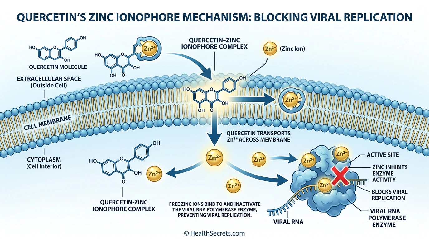Infographic showing how quercetin acts as zinc ionophore transporting zinc into cells to inhibit viral replication